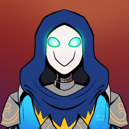 A symmetrical bust drawing of a warforged cleric wearing colourful jester-style clothing, on an orange-to-purple gradient background. Flat colour.