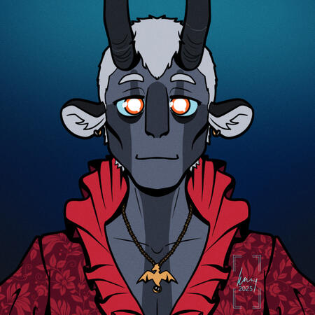 Spook, flat colour A symmetrical bust drawing of a grey tiefling wearing a bright red ruffled shirt, on a blue gradient background. Flat colour.