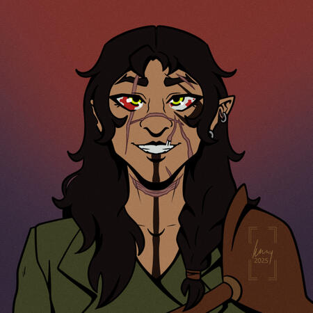 Quinn, flat colour A symmetrical bust drawing of a half-elf on a red-to-blue gradient background. He has long brown hair, and his face and neck are covered with scars and tattoos. Flat colour.