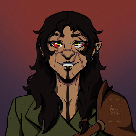 Quinn, full colour A symmetrical bust drawing of a half-elf on a red-to-blue gradient background. He has long brown hair, and his face and neck are covered with scars and tattoos. Full colour.