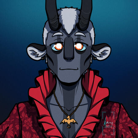 Spook, full colour A symmetrical bust drawing of a grey tiefling wearing a bright red ruffled shirt, on a blue gradient background. Full colour.