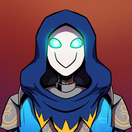 A symmetrical bust drawing of a warforged cleric wearing colourful jester-style clothing, on an orange-to-purple gradient background. Full colour.