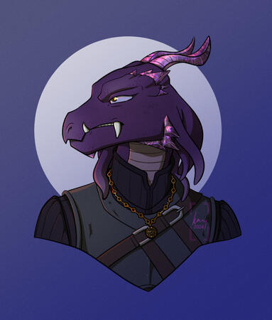 Amedo An amethyst dragonborn with crystalline horns and prominent fangs. He wears dark, roguish clothing and a gold locket.