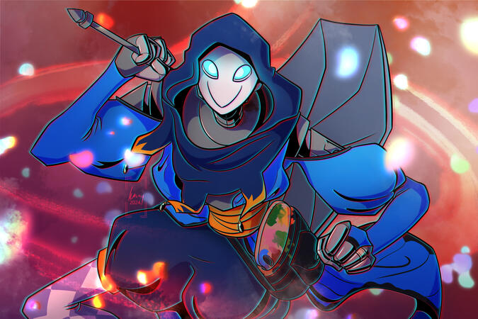 A warforged cleric wearing blue jester-style clothing and a plain comedy mask. They are dramatically posed on an abstract, swirling red and orange background as magical flower petals float around them.
