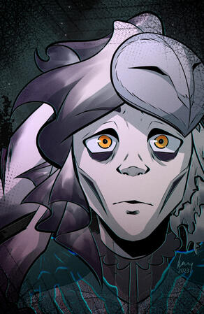 A white and black betta triton. The picture focuses on a closeup of their concerned face, and ghostly hands can be seen gripping their shoulders from behind.