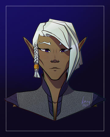Sedolius Bust drawing of an androgynous elven man with short white-blond hair, wearing an elegant high-collared indigo tunic.