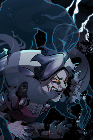 The Killing Kind An androgynous triton, hunched over in an angry yelling posture. There is magical smoke pouring out of their mouth. A spectral, abstract figure leans over them, appearing to guide their actions.