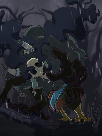 Spriggan - attack mode A full-body drawing of a tree-like creature with an expressionless mask for a face, reaching toward the viewer with one of their four arms as they crawl across a dark forest floor.