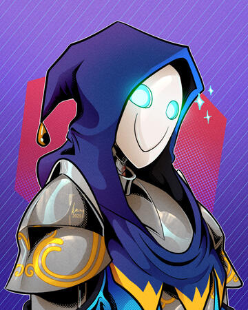 A bust illustration of my oc Salvo, a warforged cleric and fighter standing on a purple and magenta graphic background. They are standing at a 3/4 angle, but their glowing blue eyes are looking directly at the viewer with sparkles by their face to indicate