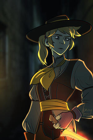 Pin (age 25) A young human woman with blonde-hair tied back in a ponytail, and gauntly pale skin. She's wearing a fantasy cowboy-inspired outfit with chaps, corset, and wide-brimmed hat, and she brandishes a glowing magical dagger in a dark alley.
