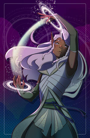 A half-body drawing of an elven man with long white-blond hair on an abstract graphic blue/purple background. He is dramatically conjuring magic with rune circles around his hands.