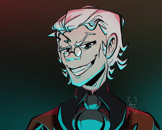 A masculine-presenting bard, with pale skin, white hair, and a menacing smile that's just a little too wide. They wear noble-style clothing and ponce-nez glasses.