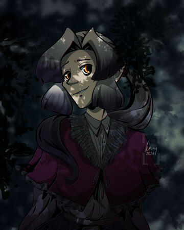 Disguise Self An androgynous half-elf with a long white/black ombre ponytail and dark, elegant clothes, standing in a shaded forest setting.