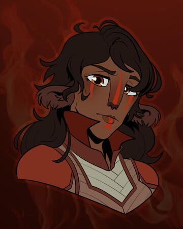Hum Bust drawing of a brown-skinned firbolg woman with long brown hair, wearing a burnt orange shirt and interlocking bone armour. She has fiery eyes and red tattoos on her face.